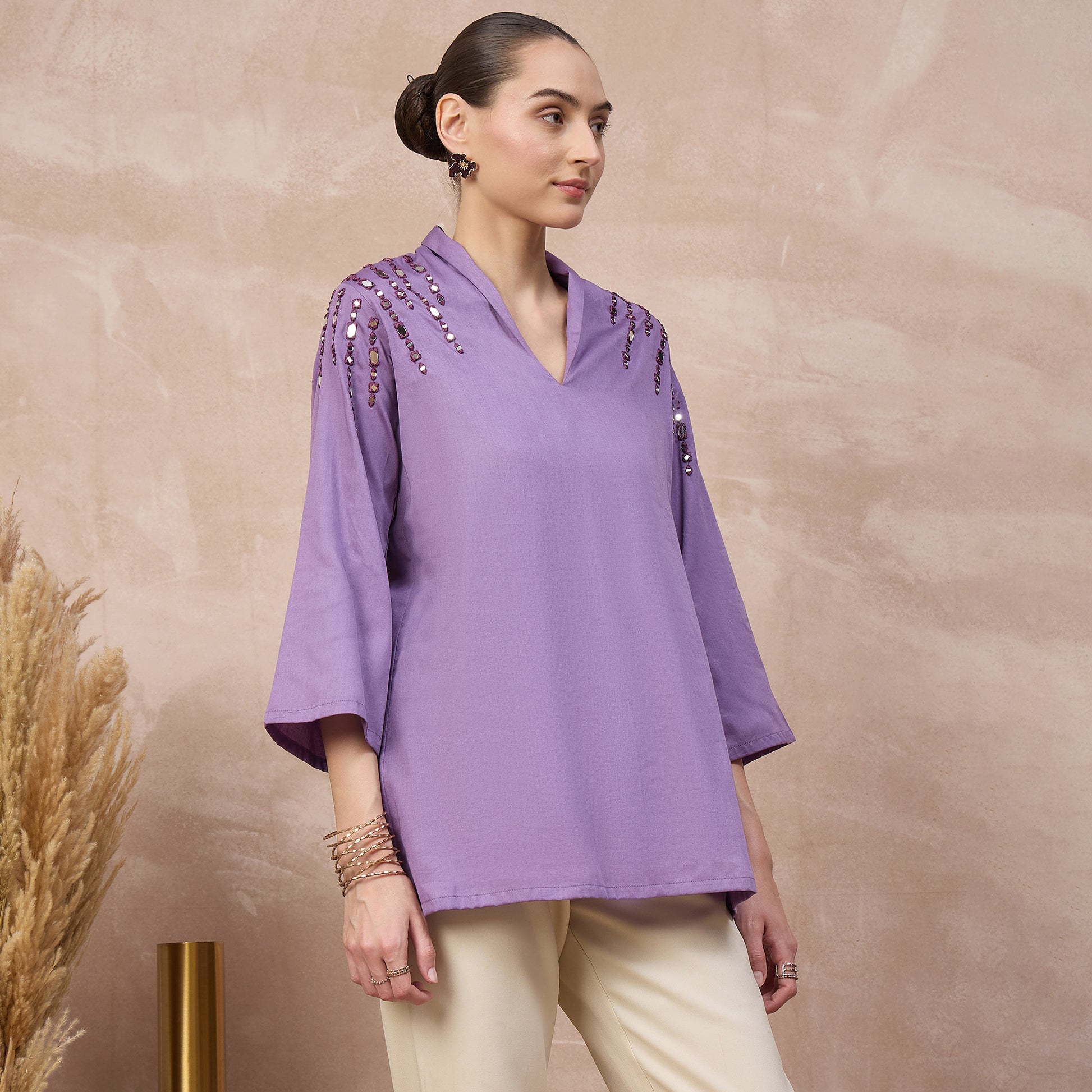 Lilac Top for Women – Cotton Satin – Side View | First Resort by Ramola Bachchan
