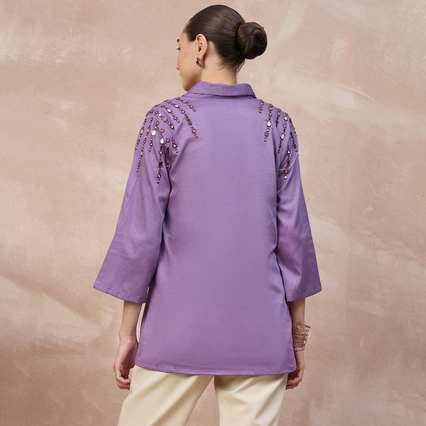 Lilac Top for Women – Cotton Satin – Detail View | First Resort by Ramola Bachchan