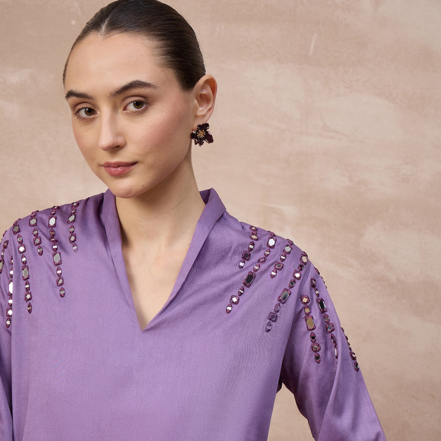 Lilac Top for Women – Cotton Satin – Close Up | First Resort by Ramola Bachchan