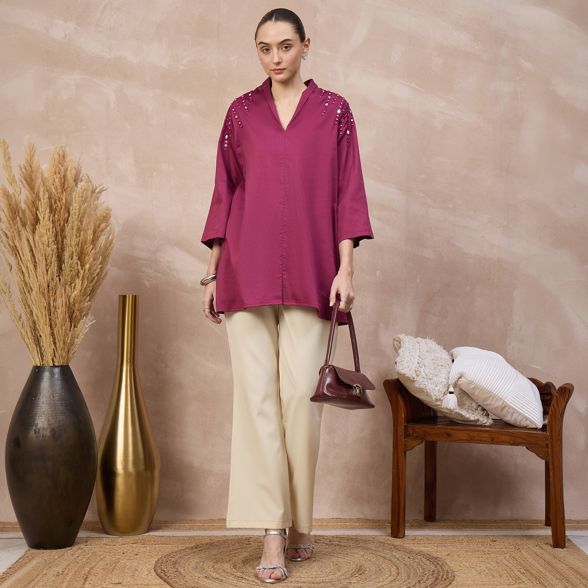 Plum Top for Women – Cotton Satin – Front View | First Resort by Ramola Bachchan