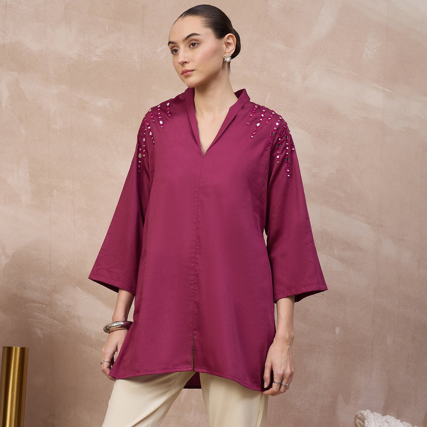 Plum Top for Women – Cotton Satin – Model View | First Resort by Ramola Bachchan