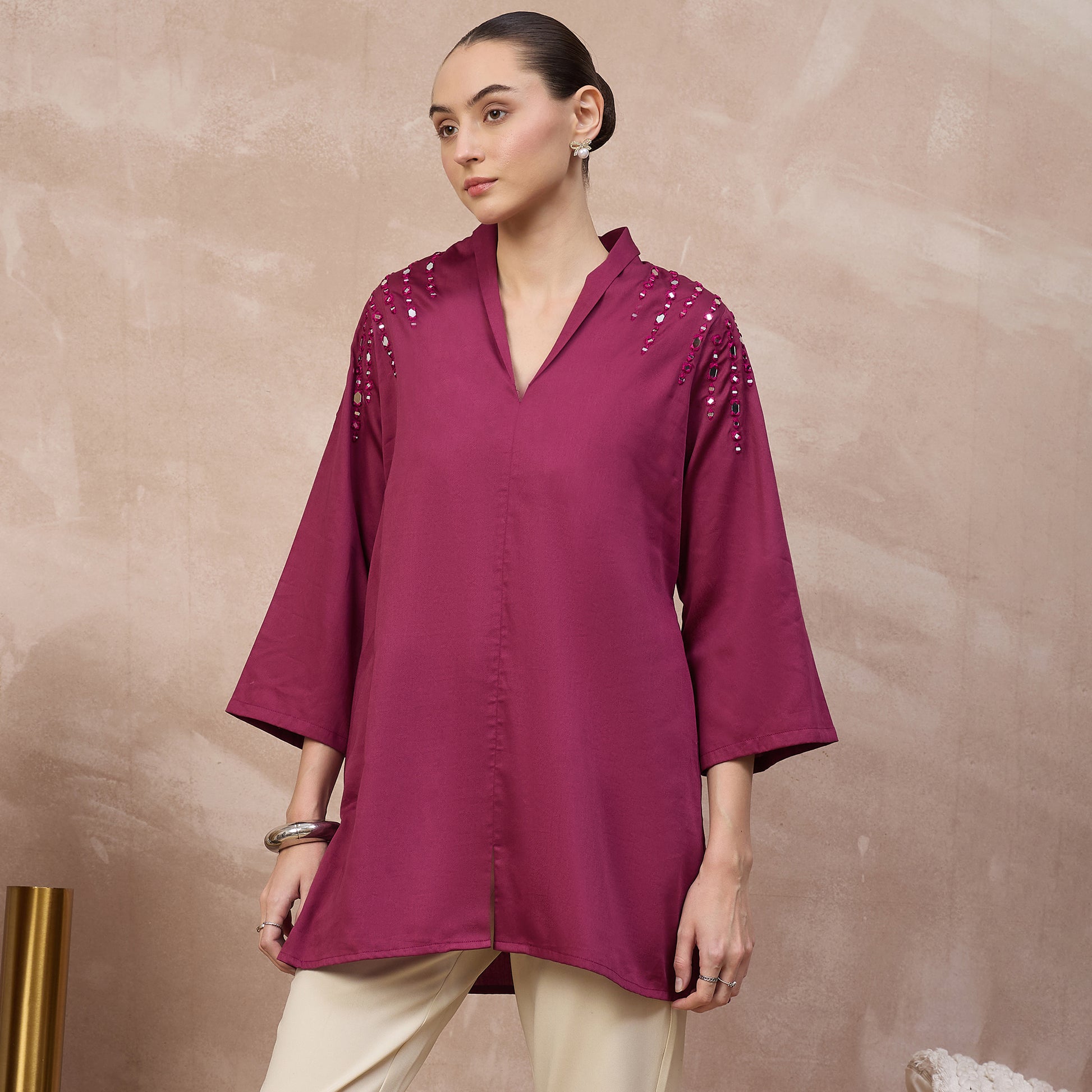 Plum Top for Women – Cotton Satin – Model View | First Resort by Ramola Bachchan