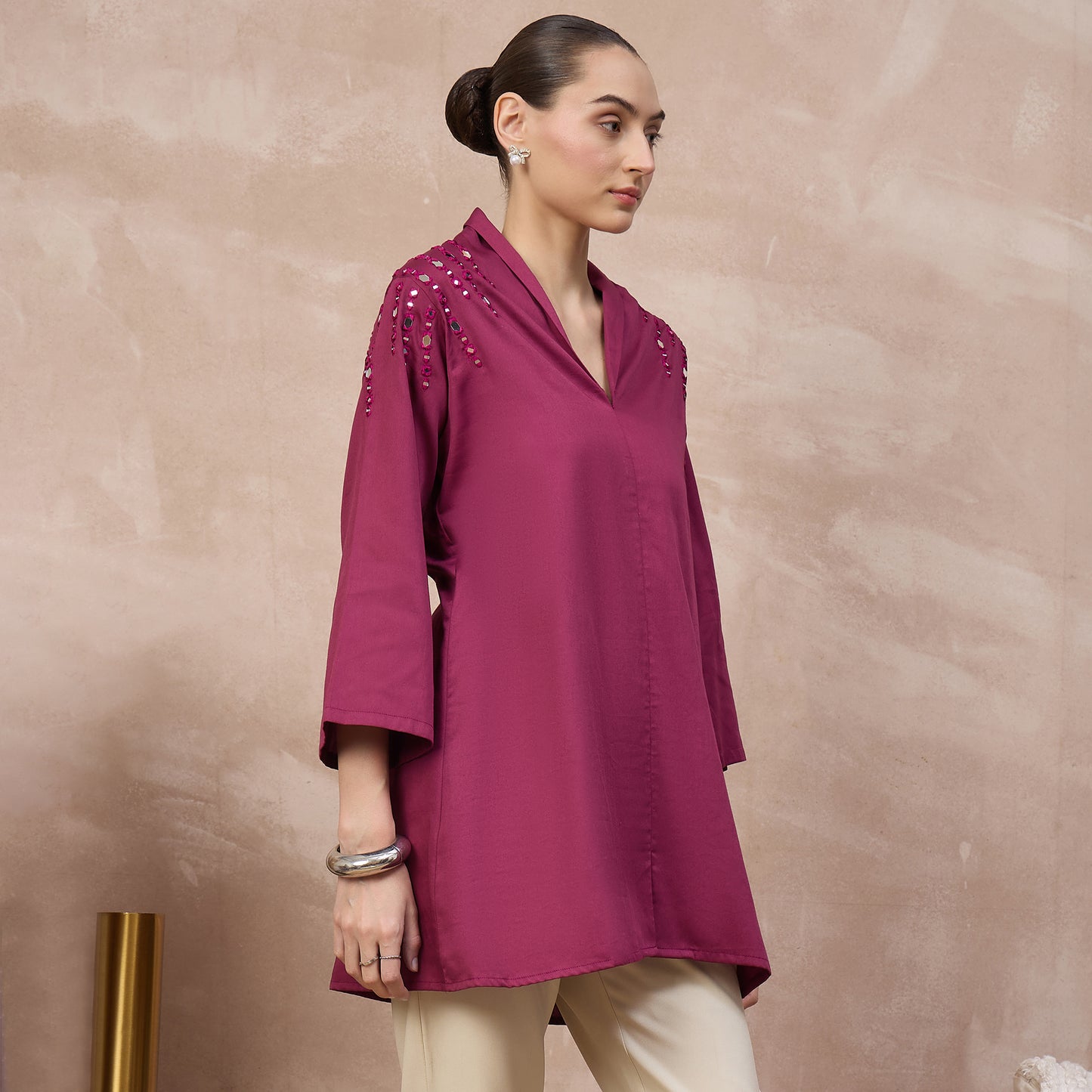 Plum Top for Women – Cotton Satin – Side View | First Resort by Ramola Bachchan