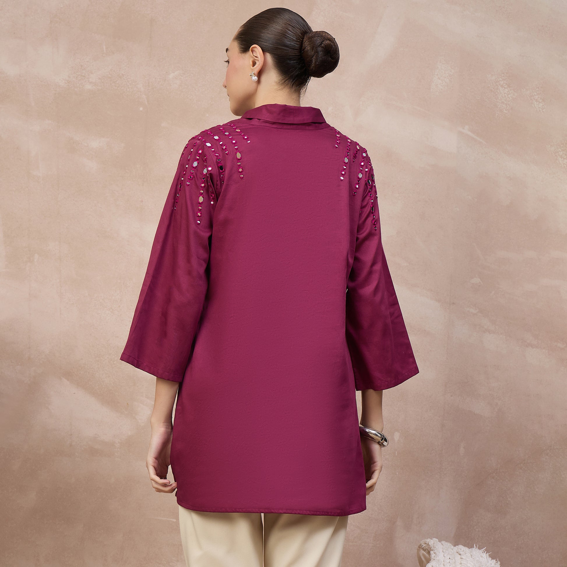 Plum Top for Women – Cotton Satin – Detail View | First Resort by Ramola Bachchan