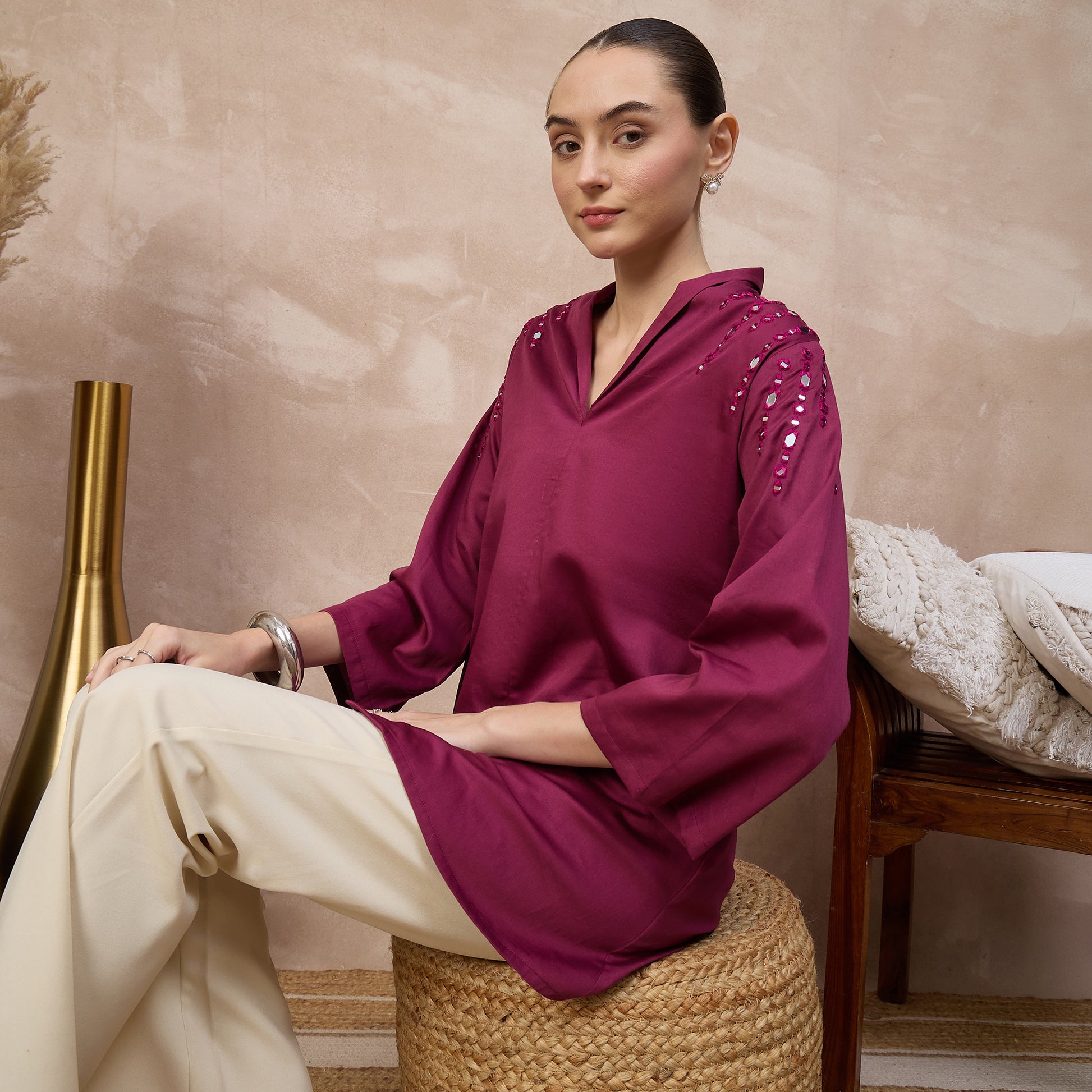 Plum Top for Women – Cotton Satin – Close Up | First Resort by Ramola Bachchan