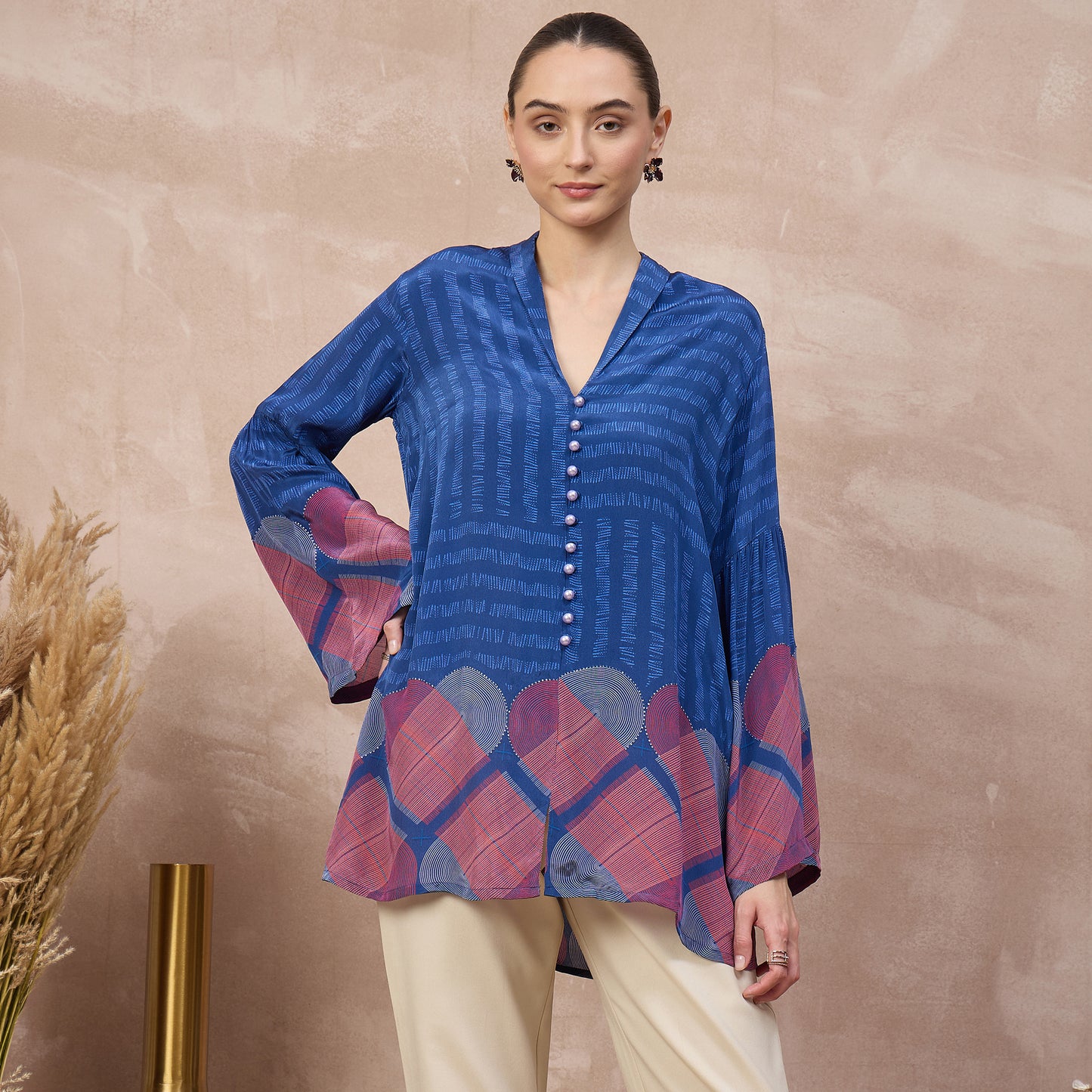 Blue Geometric Print Top for Women – Viscose Crepe | First Resort by Ramola Bachchan