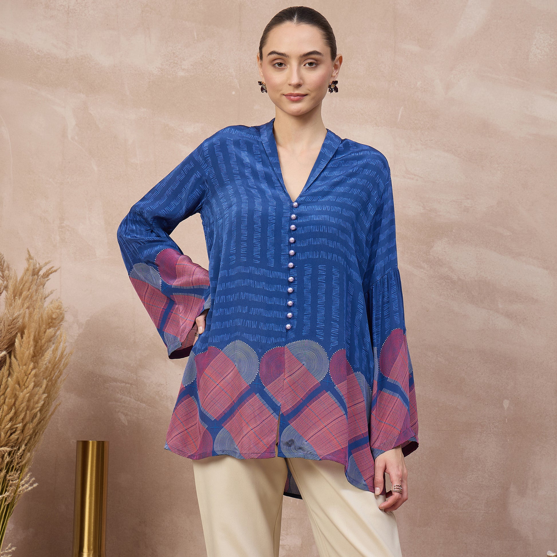 Blue Geometric Print Top for Women – Viscose Crepe | First Resort by Ramola Bachchan