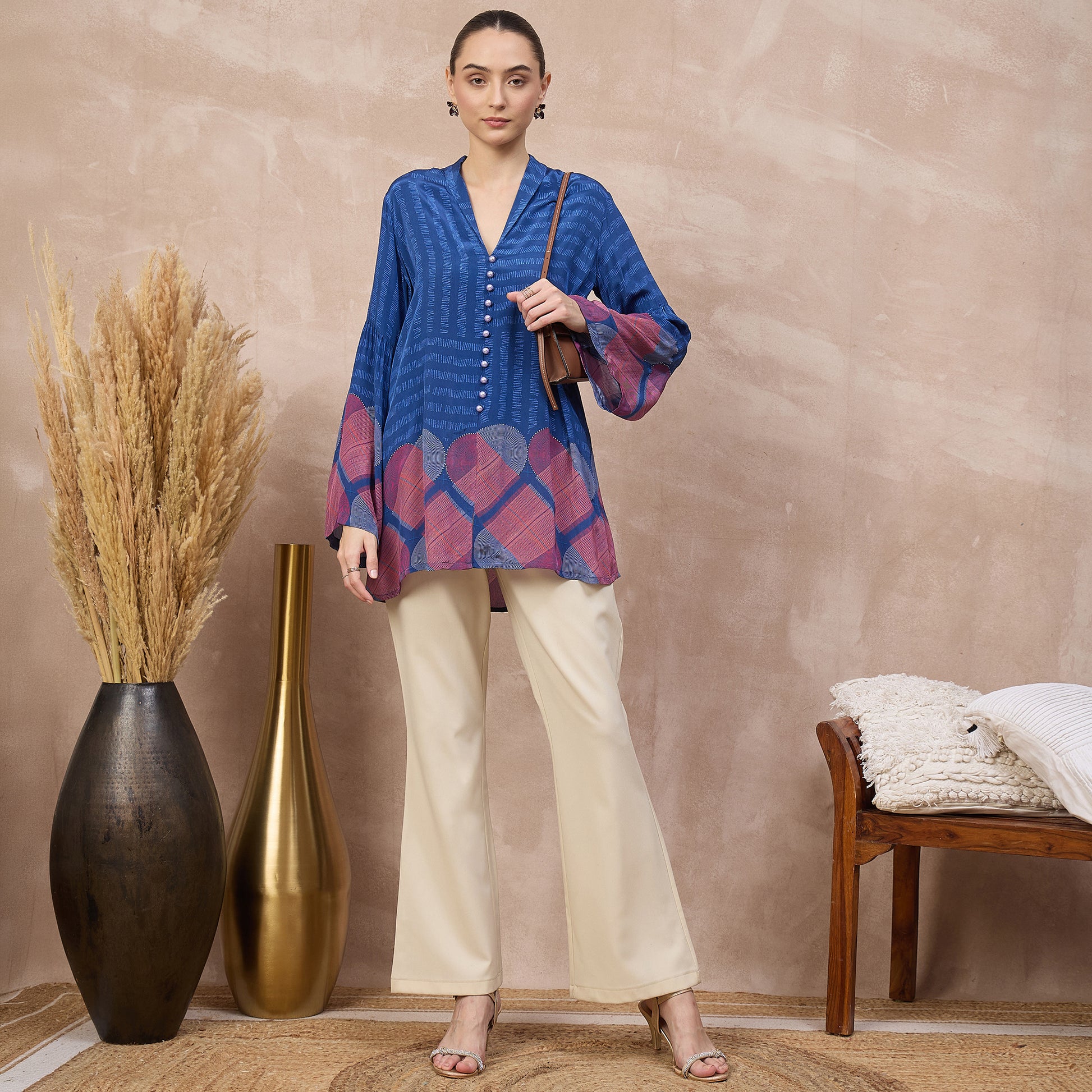 Blue Geometric Print Top for Women – Viscose Crepe – Front View | First Resort by Ramola Bachchan