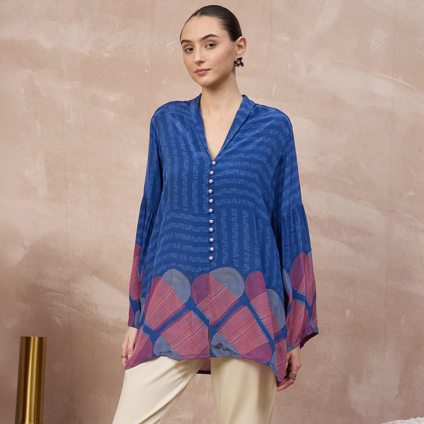 Blue Geometric Print Top for Women – Viscose Crepe – Model View | First Resort by Ramola Bachchan
