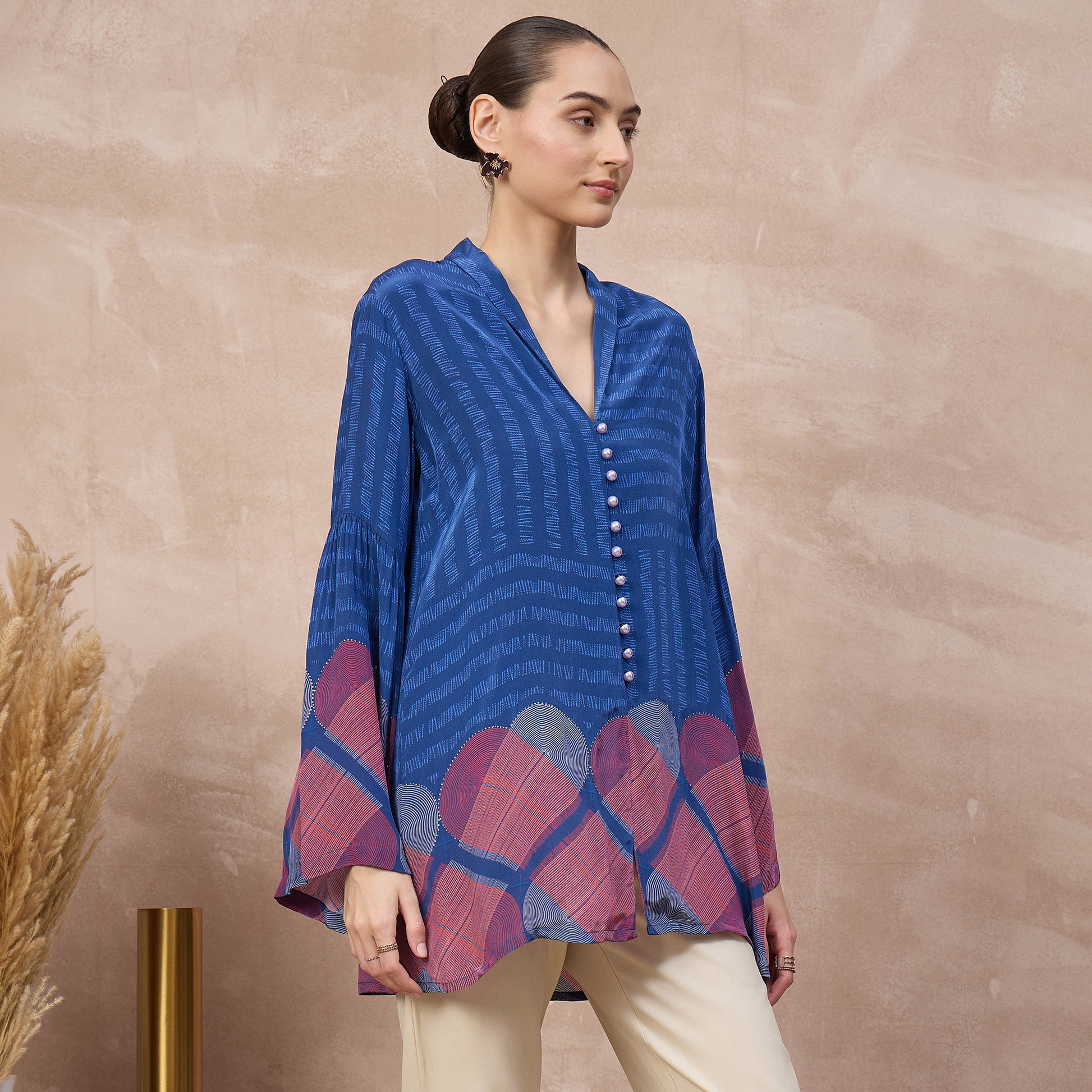 Blue Geometric Print Top for Women – Viscose Crepe – Side View | First Resort by Ramola Bachchan