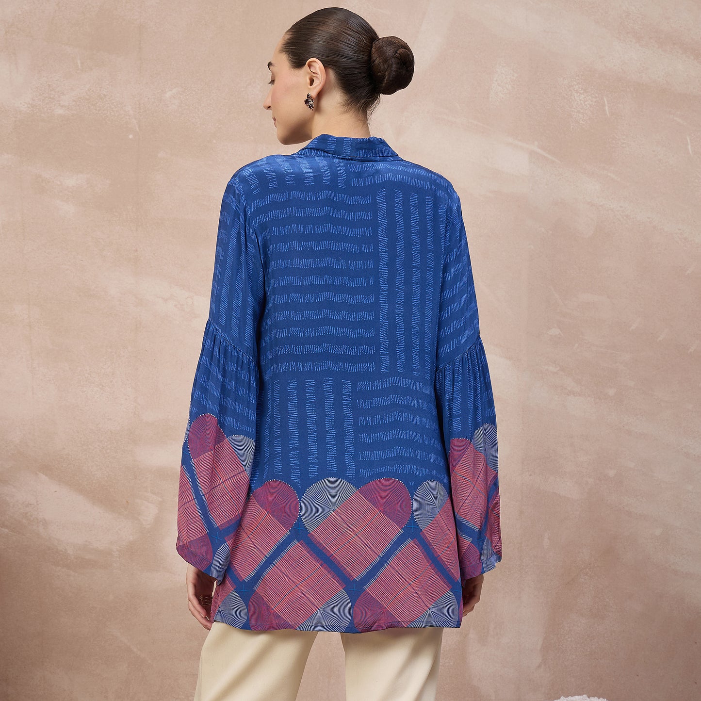 Blue Geometric Print Top for Women – Viscose Crepe – Detail View | First Resort by Ramola Bachchan