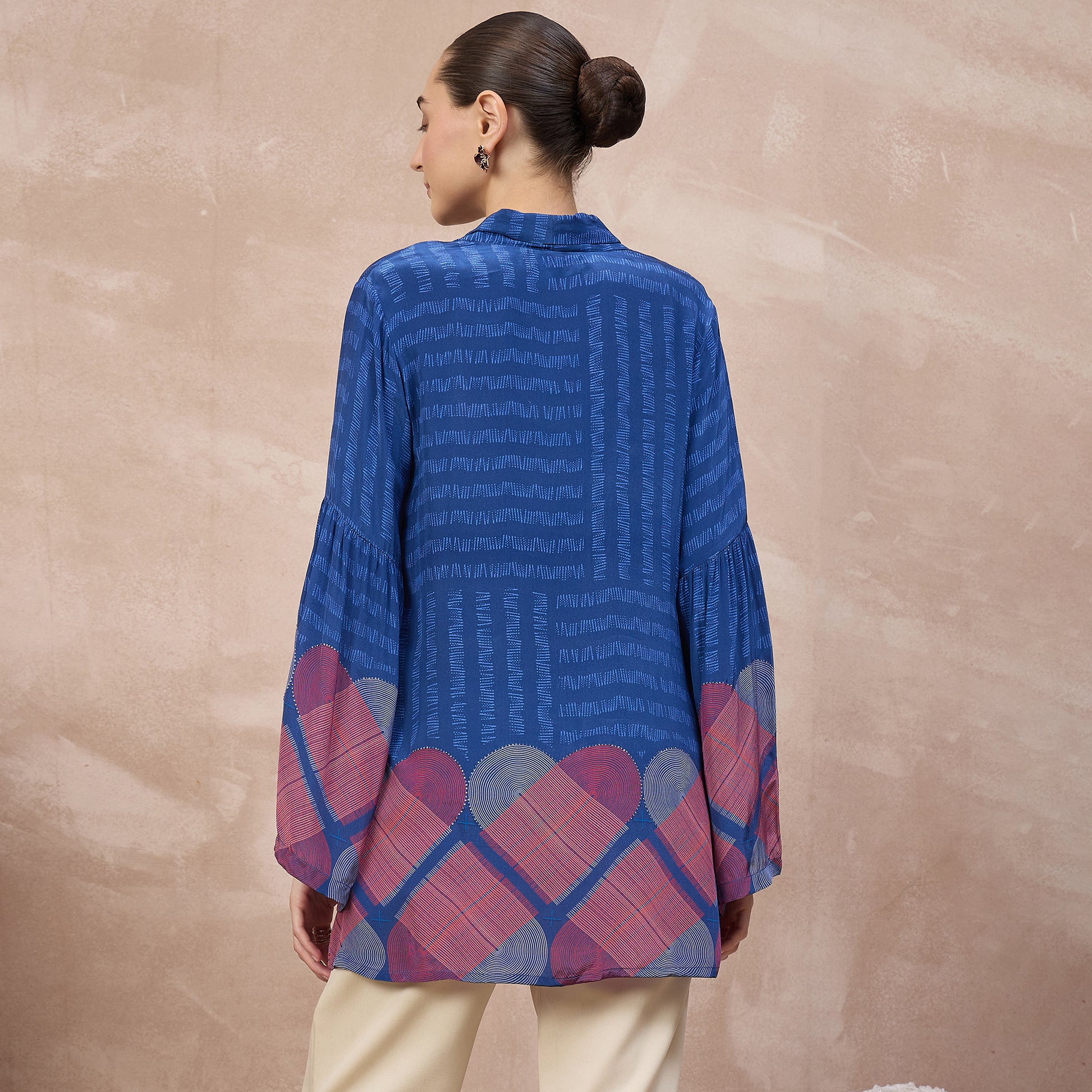 Blue Geometric Print Top for Women – Viscose Crepe – Detail View | First Resort by Ramola Bachchan