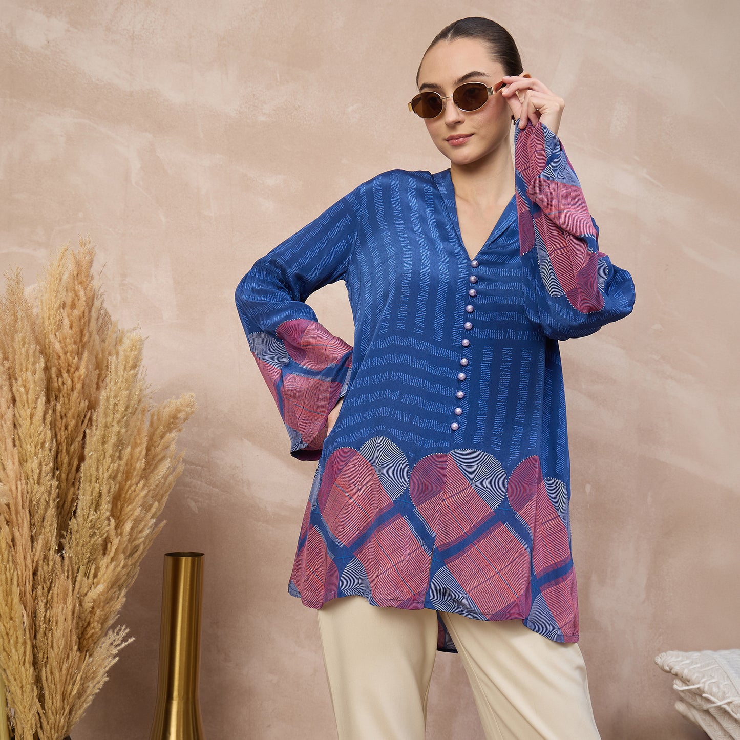 Blue Geometric Print Top for Women – Viscose Crepe – Back View | First Resort by Ramola Bachchan