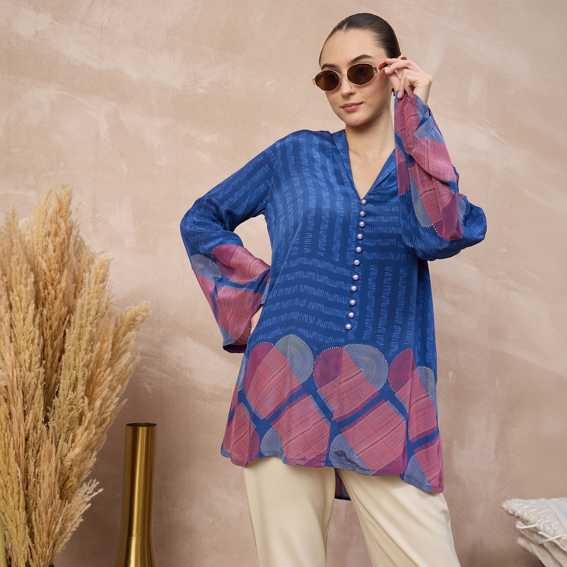 Blue Geometric Print Top for Women – Viscose Crepe – Back View | First Resort by Ramola Bachchan