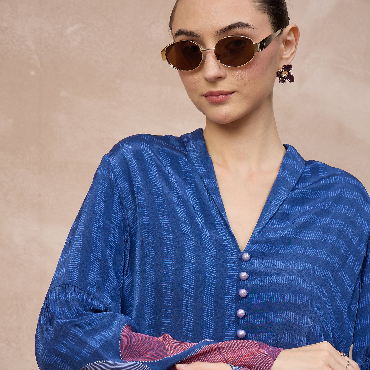 Blue Geometric Print Top for Women – Viscose Crepe – Close Up | First Resort by Ramola Bachchan