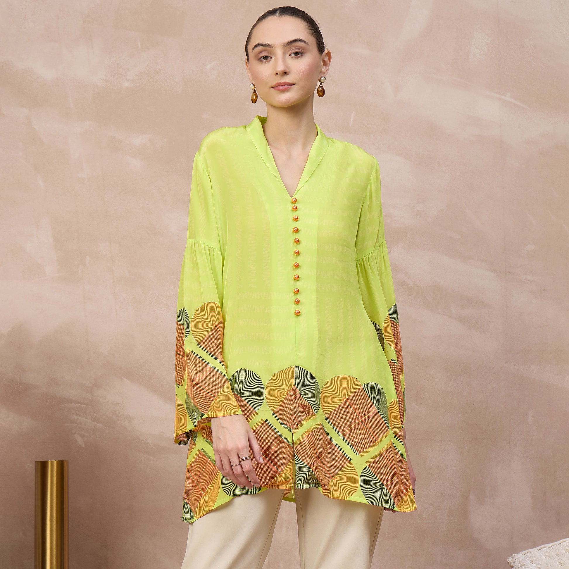 Lime Green Geometric Print Top for Women – Viscose Crepe | First Resort by Ramola Bachchan