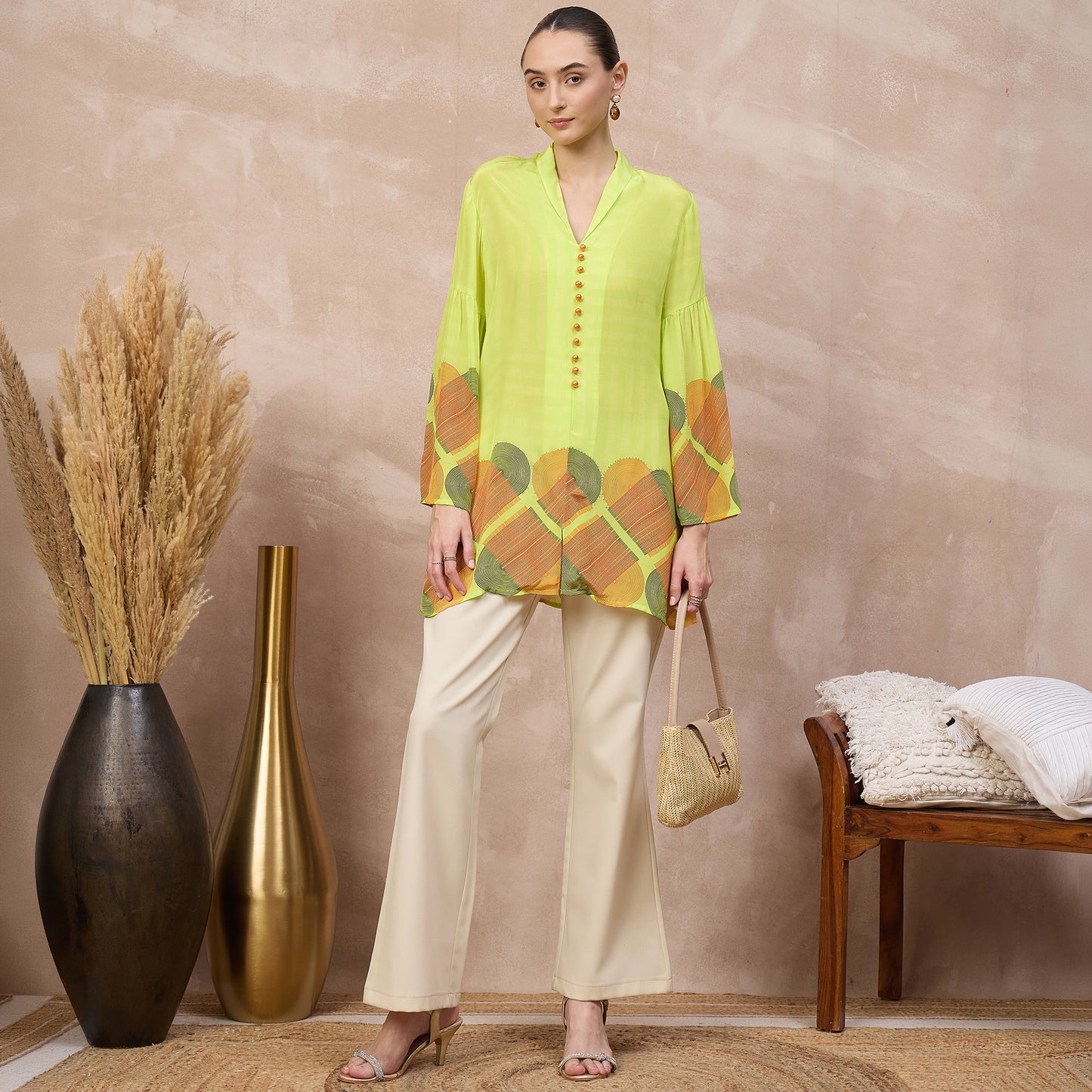 Lime Green Geometric Print Top for Women – Viscose Crepe – Front View | First Resort by Ramola Bachchan