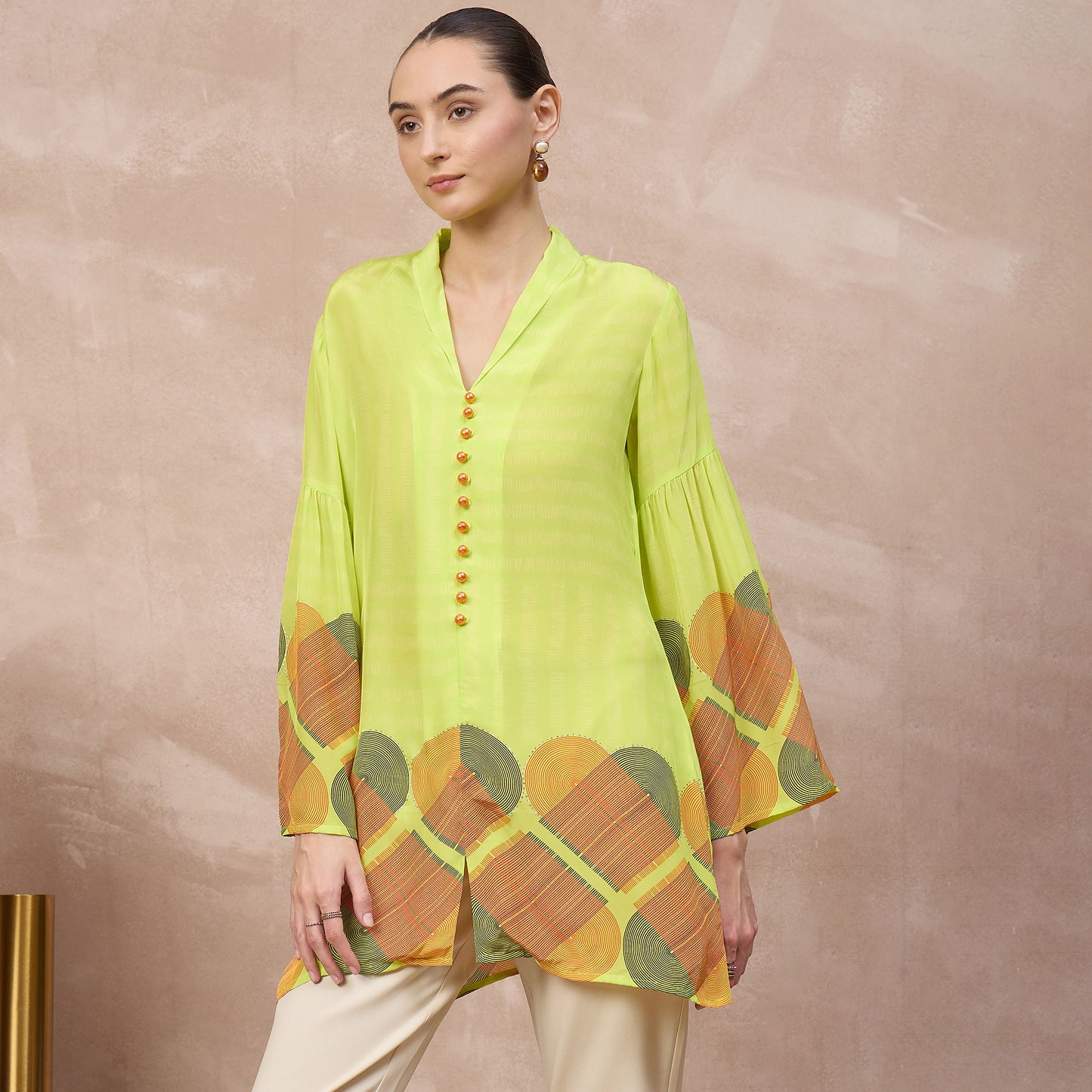 Lime Green Geometric Print Top for Women – Viscose Crepe – Model View | First Resort by Ramola Bachchan