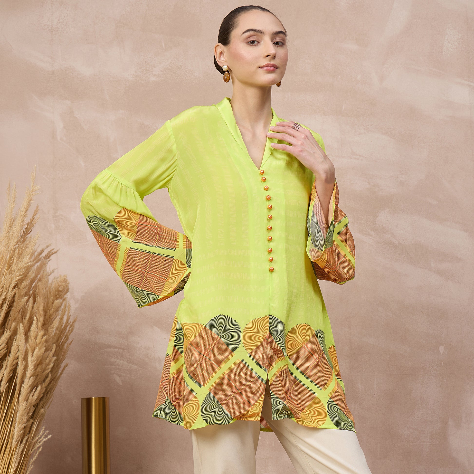 Lime Green Geometric Print Top for Women – Viscose Crepe – Side View | First Resort by Ramola Bachchan