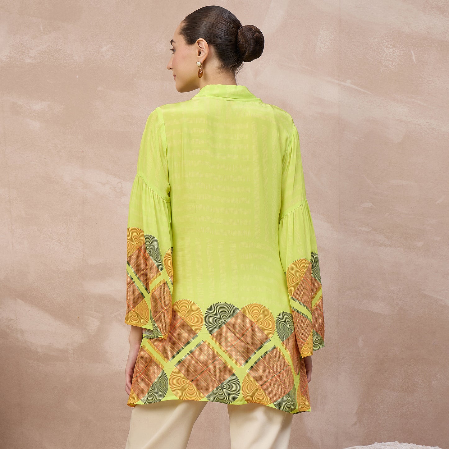 Lime Green Geometric Print Top for Women – Viscose Crepe – Detail View | First Resort by Ramola Bachchan