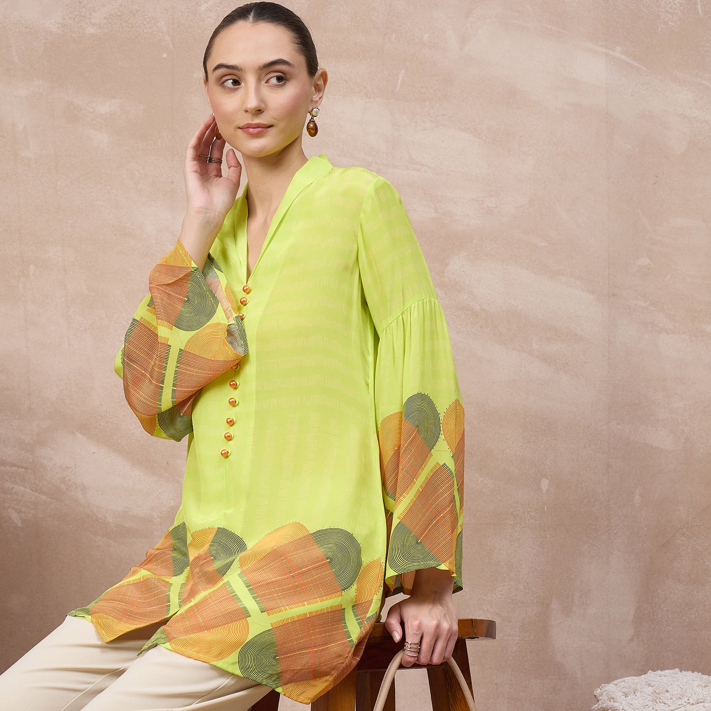 Lime Green Geometric Print Top for Women – Viscose Crepe – Back View | First Resort by Ramola Bachchan