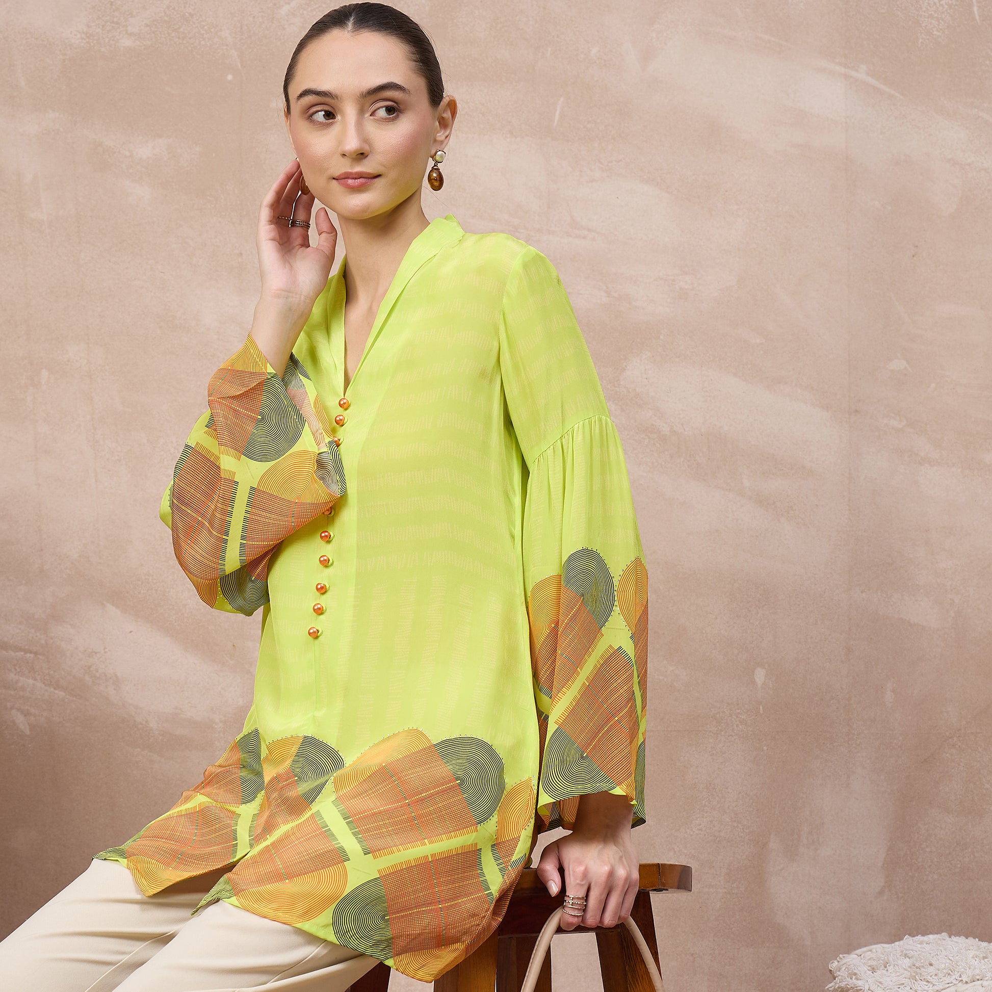 Lime Green Geometric Print Top for Women – Viscose Crepe – Back View | First Resort by Ramola Bachchan