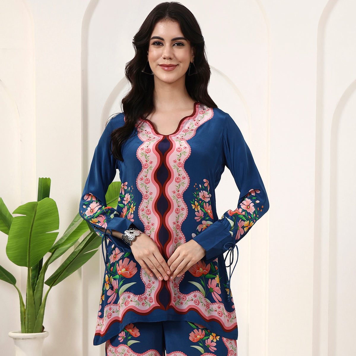 Blue Floral Print Top for Women – Viscose Crepe | First Resort by Ramola Bachchan