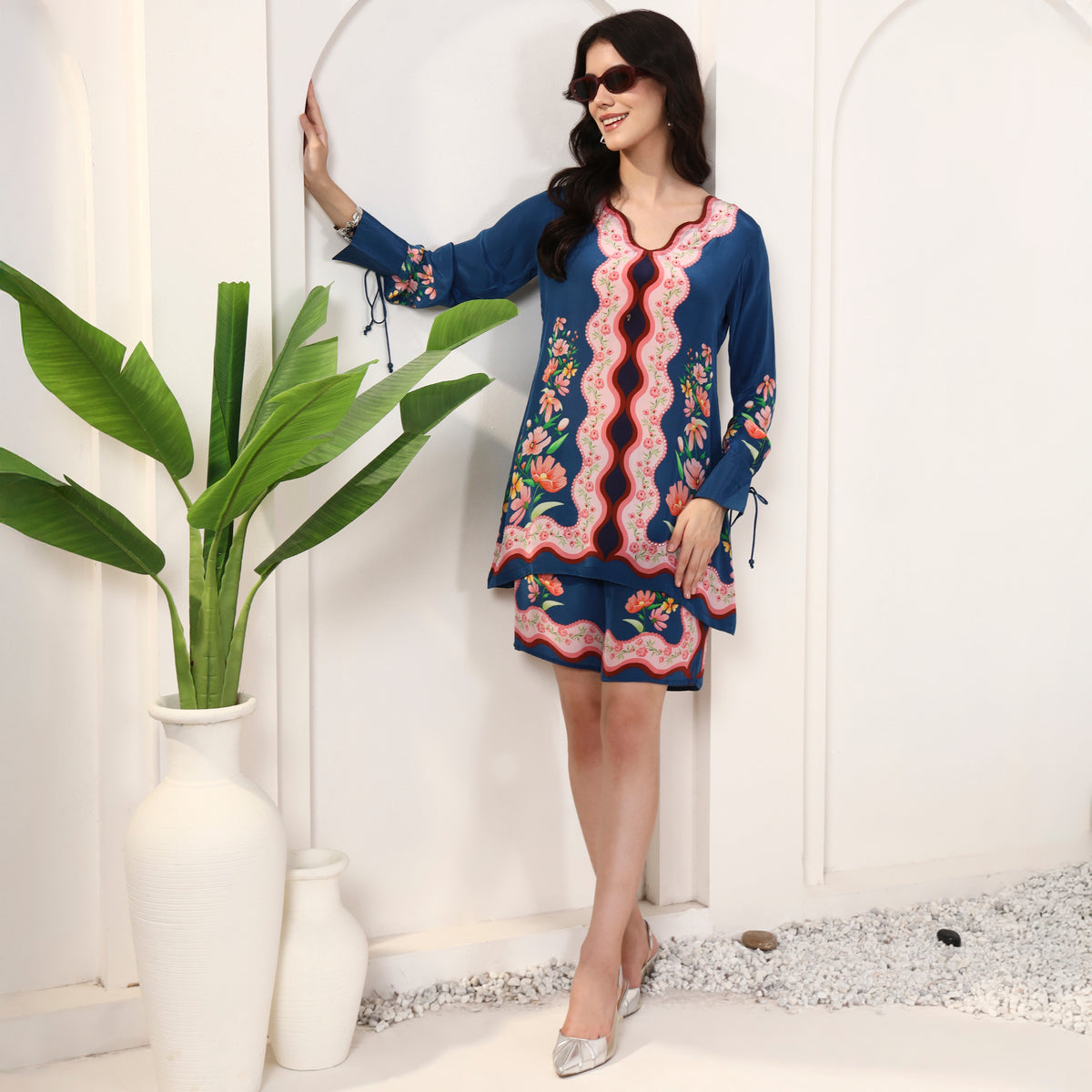 Blue Floral Print Top for Women – Viscose Crepe – Front View | First Resort by Ramola Bachchan