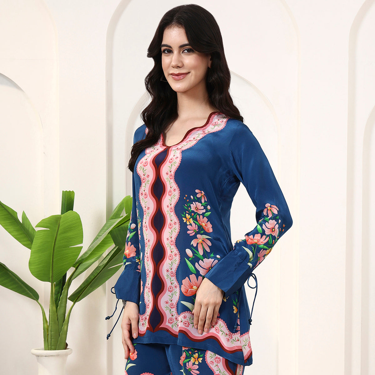 Blue Floral Print Top for Women – Viscose Crepe – Model View | First Resort by Ramola Bachchan