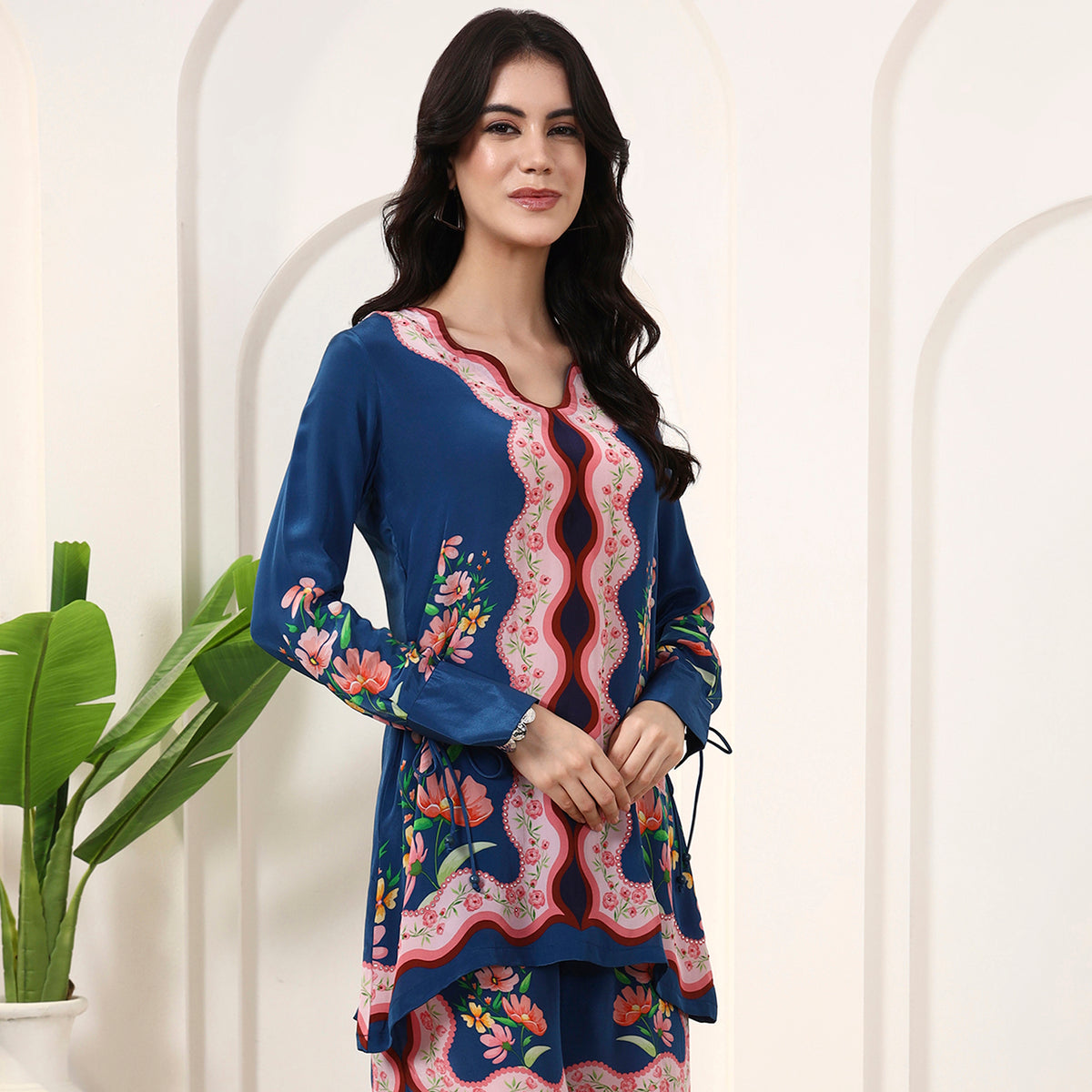 Blue Floral Print Top for Women – Viscose Crepe – Side View | First Resort by Ramola Bachchan