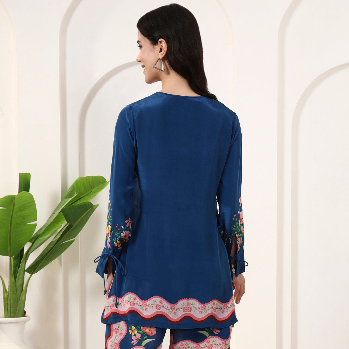 Blue Floral Print Top for Women – Viscose Crepe – Detail View | First Resort by Ramola Bachchan