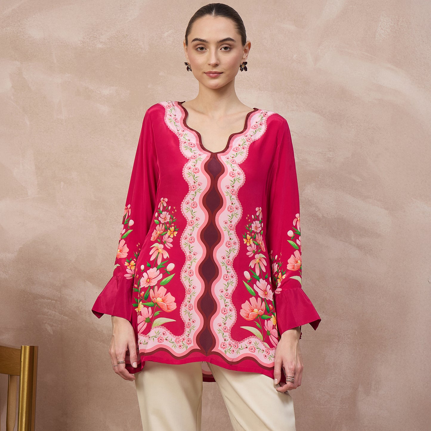 Pink Floral Print Top for Women – Viscose Crepe | First Resort by Ramola Bachchan