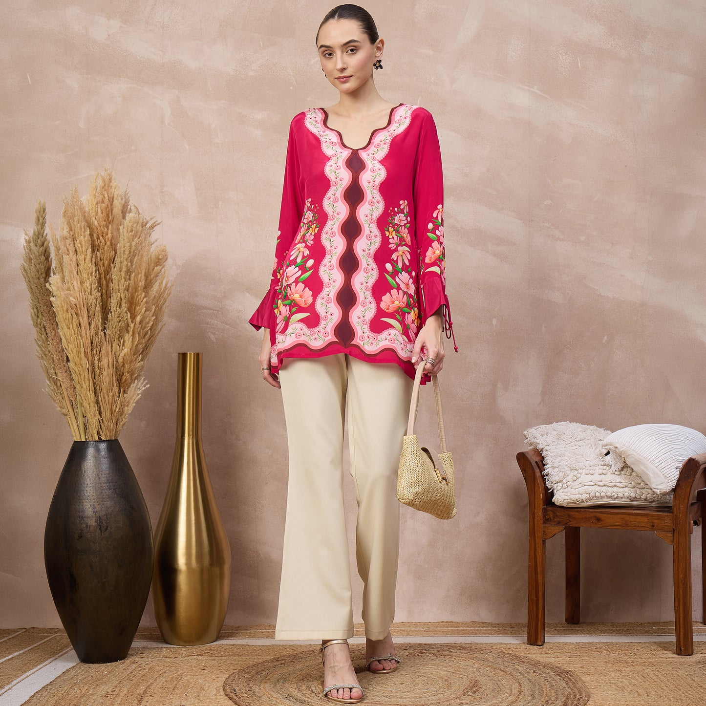 Pink Floral Print Top for Women – Viscose Crepe – Front View | First Resort by Ramola Bachchan