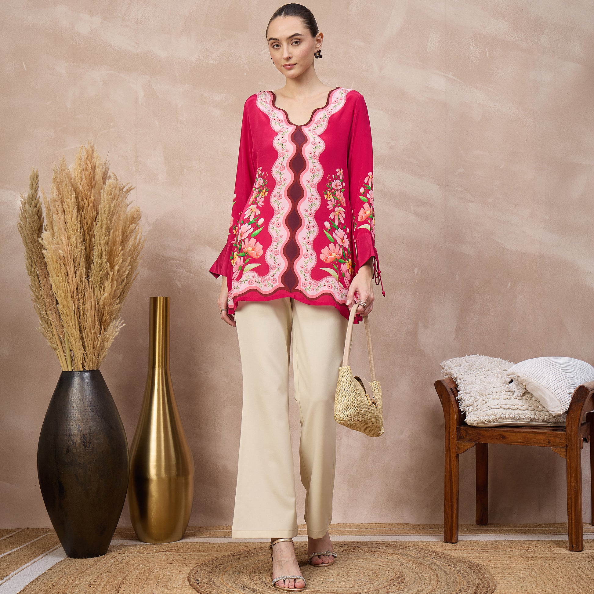 Pink Floral Print Top for Women – Viscose Crepe – Front View | First Resort by Ramola Bachchan