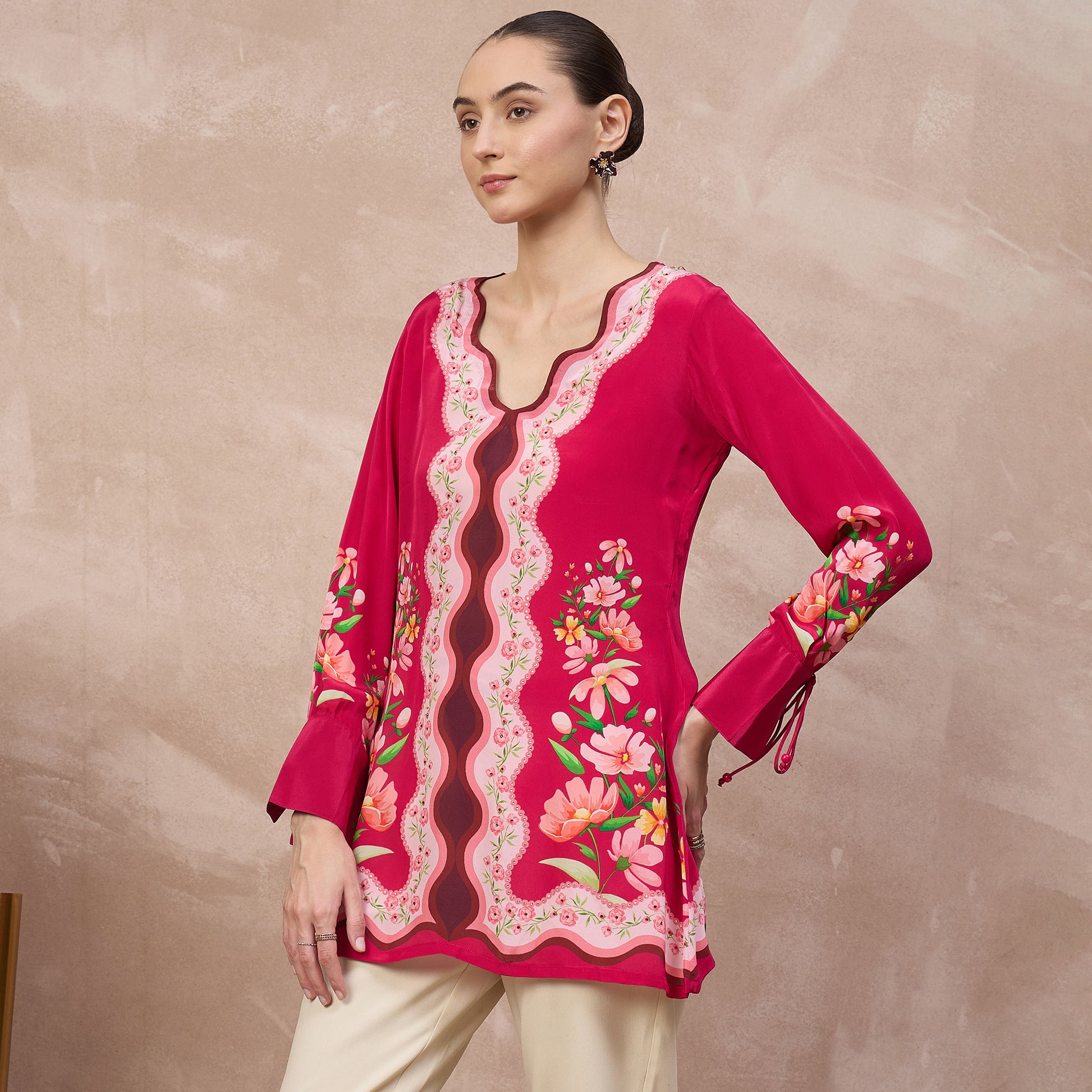 Pink Floral Print Top for Women – Viscose Crepe – Model View | First Resort by Ramola Bachchan