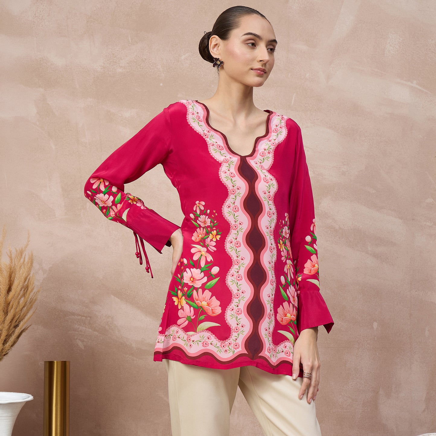 Pink Floral Print Top for Women – Viscose Crepe – Side View | First Resort by Ramola Bachchan