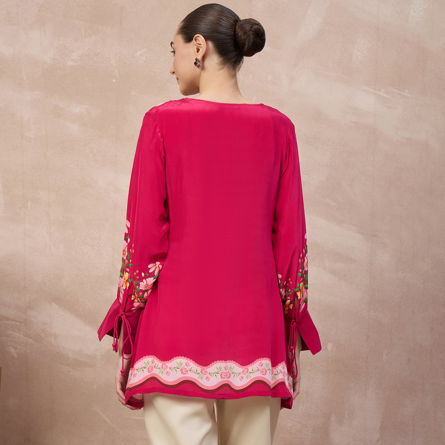 Pink Floral Print Top for Women – Viscose Crepe – Detail View | First Resort by Ramola Bachchan