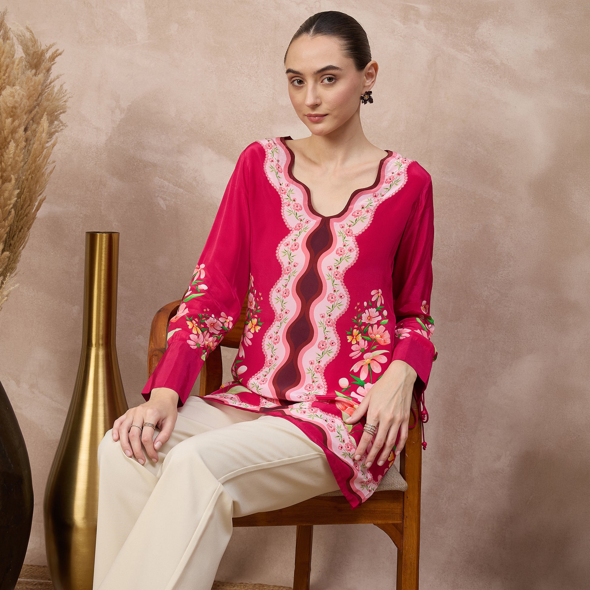 Pink Floral Print Top for Women – Viscose Crepe – Close Up | First Resort by Ramola Bachchan