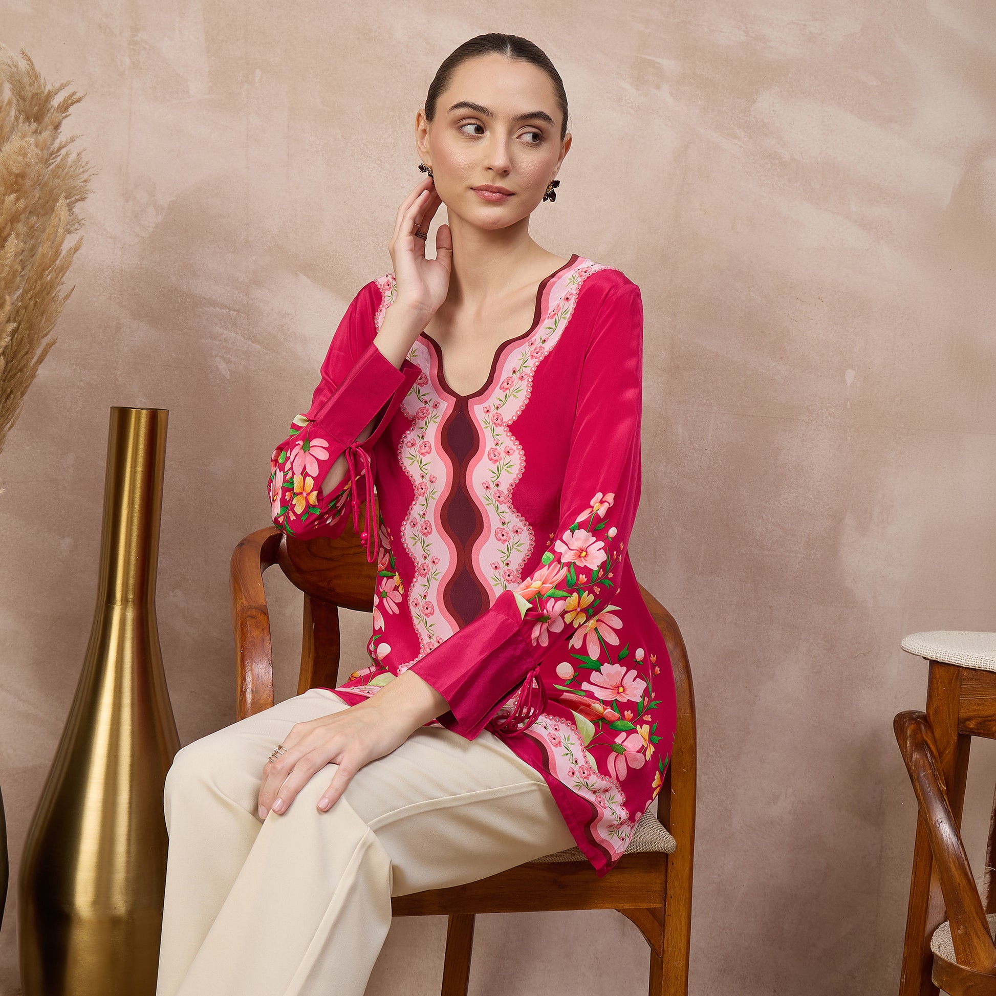 Pink Floral Print Top for Women – Viscose Crepe | First Resort by Ramola Bachchan