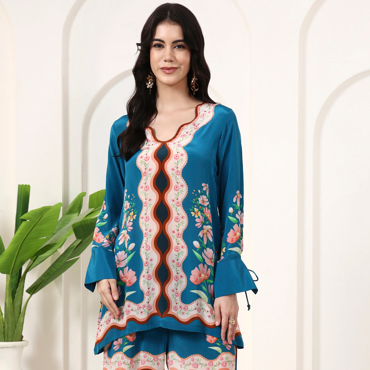 Teal Floral Print Top for Women – Viscose Crepe | First Resort by Ramola Bachchan