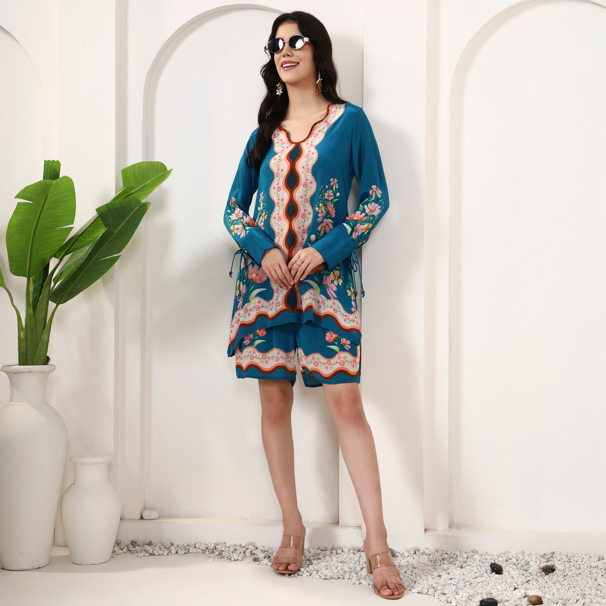 Teal Floral Print Top for Women – Viscose Crepe – Front View | First Resort by Ramola Bachchan