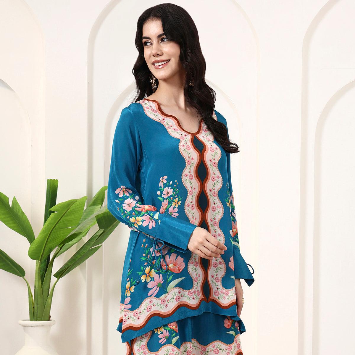 Teal Floral Print Top for Women – Viscose Crepe – Model View | First Resort by Ramola Bachchan