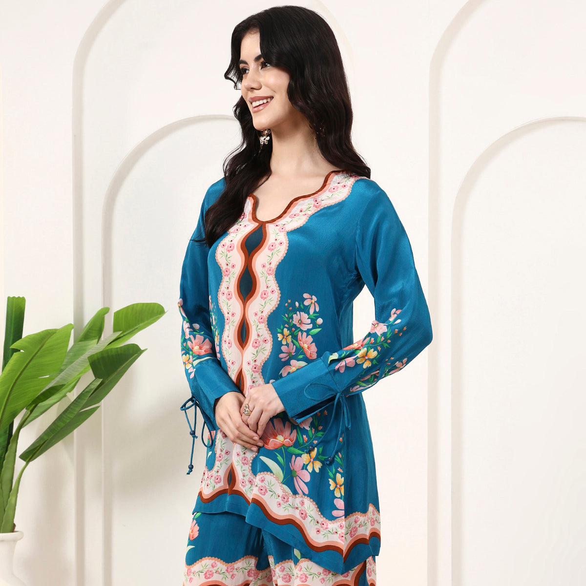 Teal Floral Print Top for Women – Viscose Crepe – Side View | First Resort by Ramola Bachchan