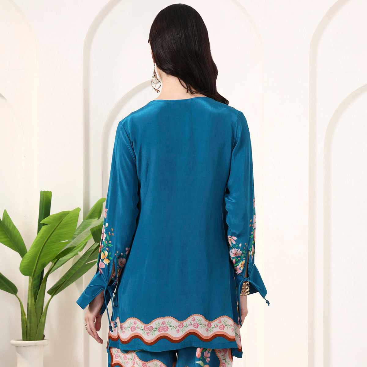 Teal Floral Print Top for Women – Viscose Crepe – Detail View | First Resort by Ramola Bachchan