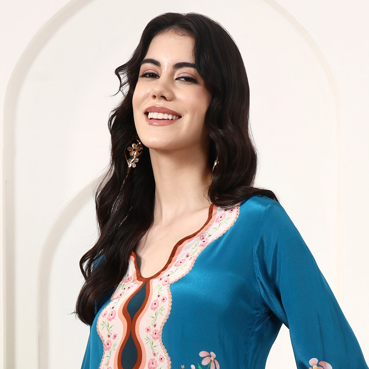 Teal Floral Print Top for Women – Viscose Crepe – Back View | First Resort by Ramola Bachchan
