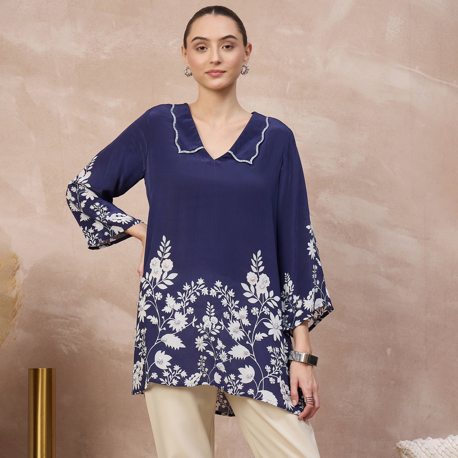 Navy Blue Floral Print Top for Women – Viscose Crepe | First Resort by Ramola Bachchan