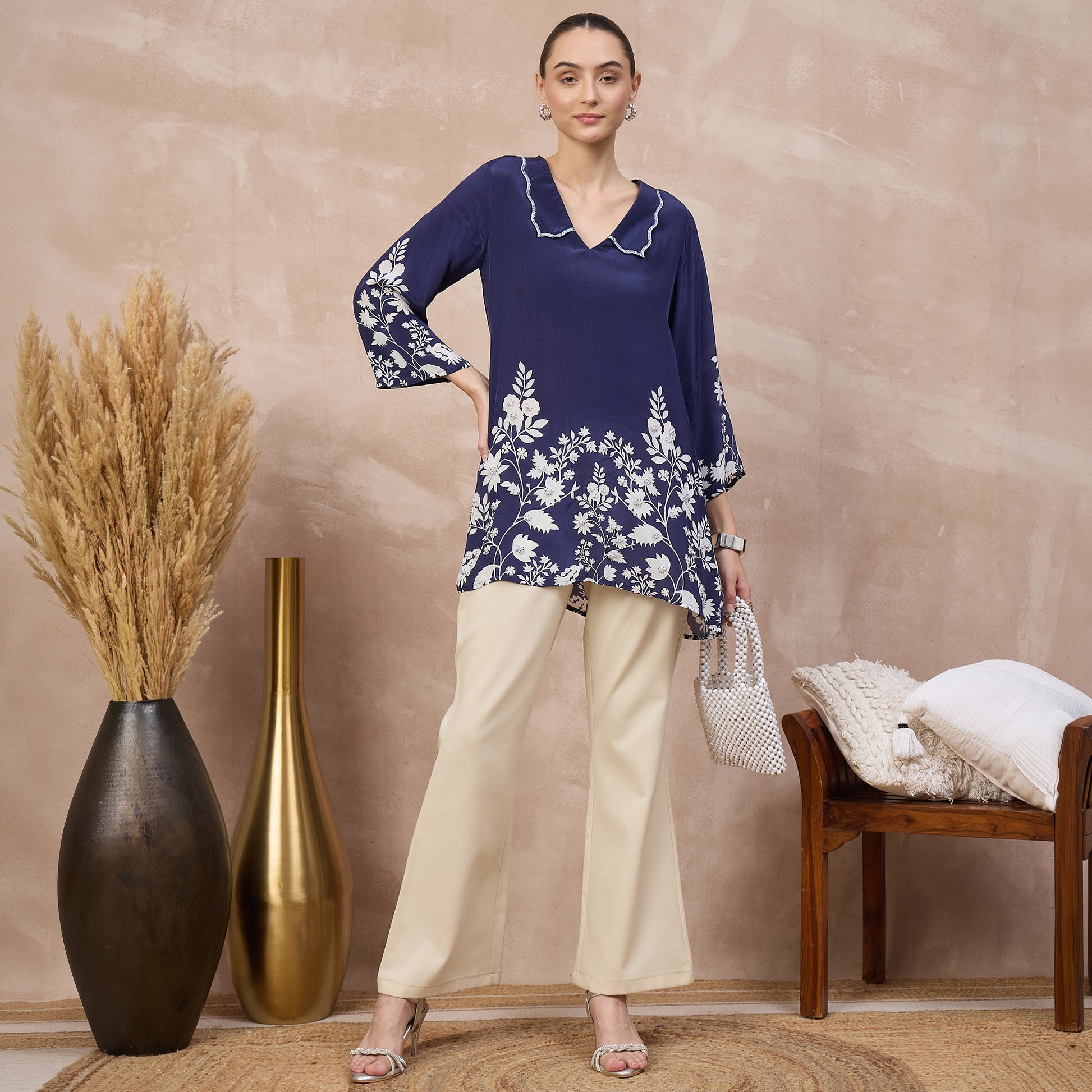 Navy Blue Floral Print Top for Women – Viscose Crepe – Front View | First Resort by Ramola Bachchan