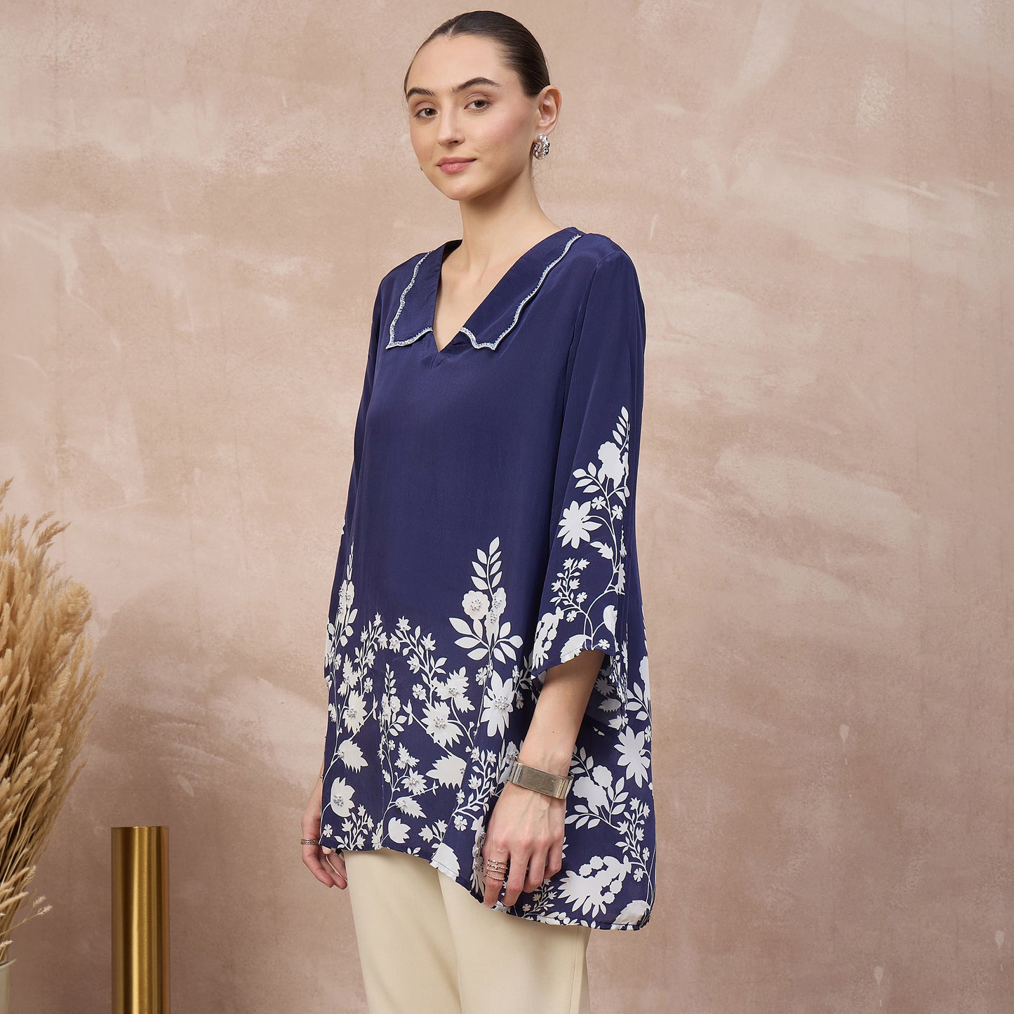 Navy Blue Floral Print Top for Women – Viscose Crepe – Model View | First Resort by Ramola Bachchan