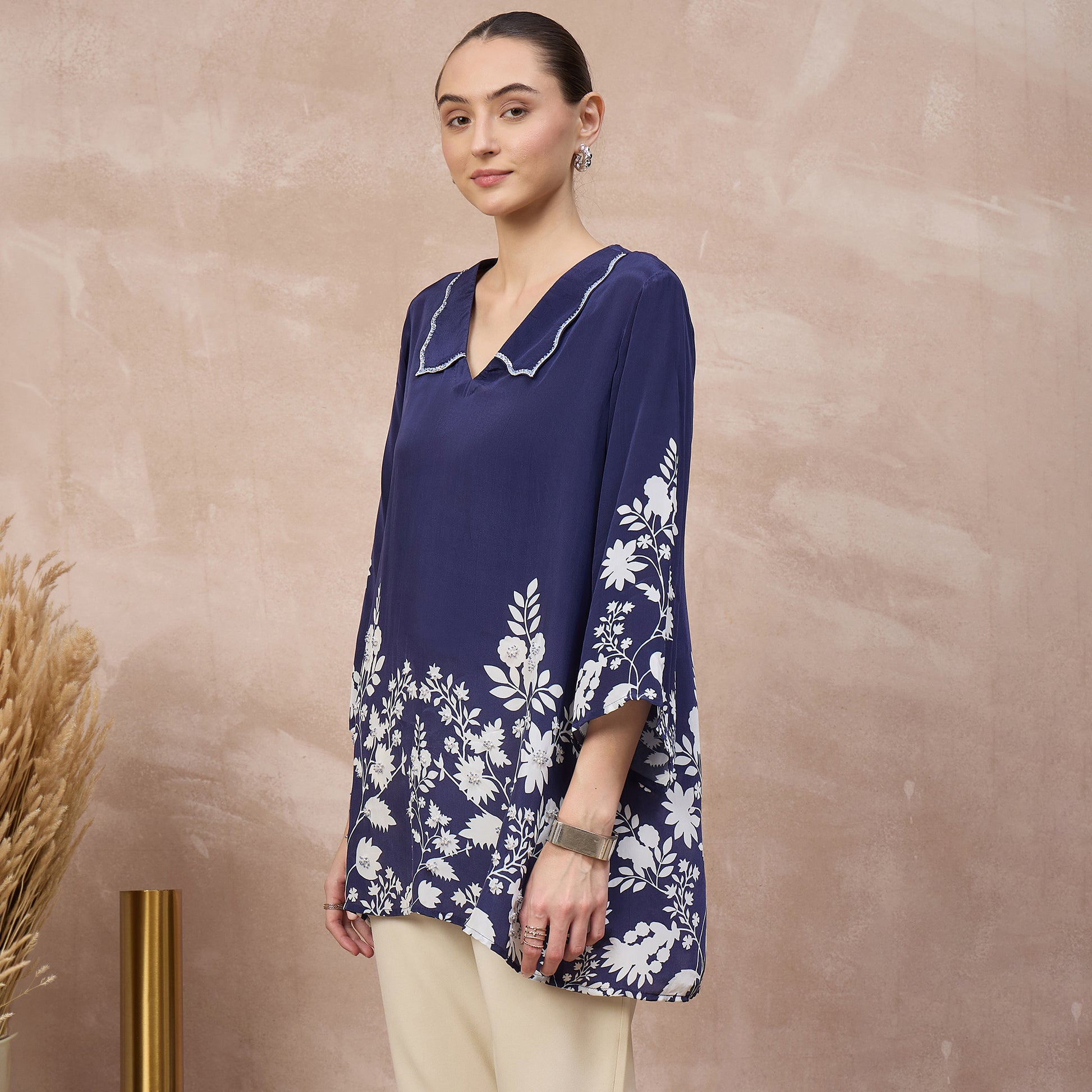 Navy Blue Floral Print Top for Women – Viscose Crepe – Model View | First Resort by Ramola Bachchan