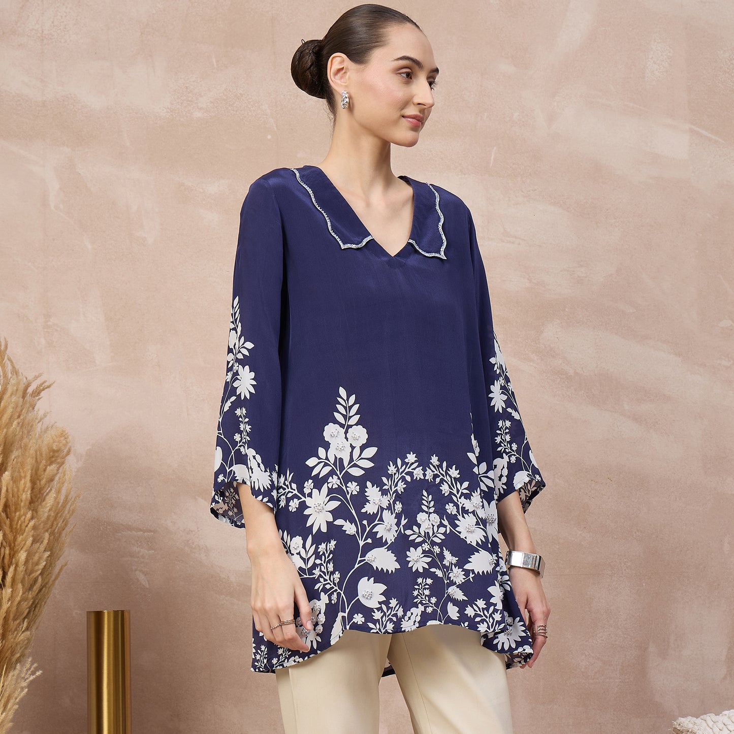 Navy Blue Floral Print Top for Women – Viscose Crepe – Side View | First Resort by Ramola Bachchan